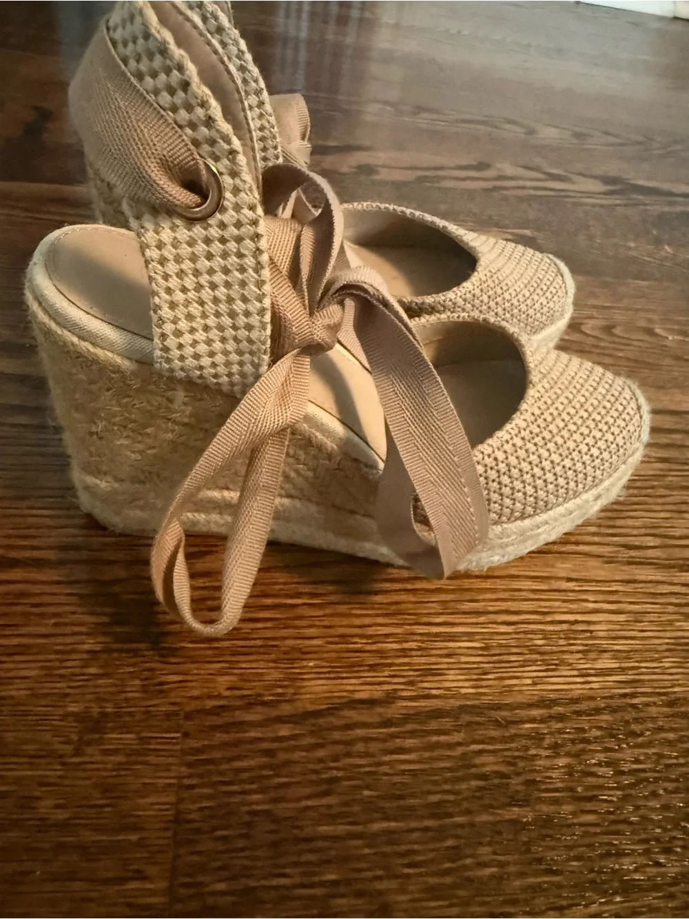 Neutral Lace-Up Espadrille Wedge Sandals - Women's Beige